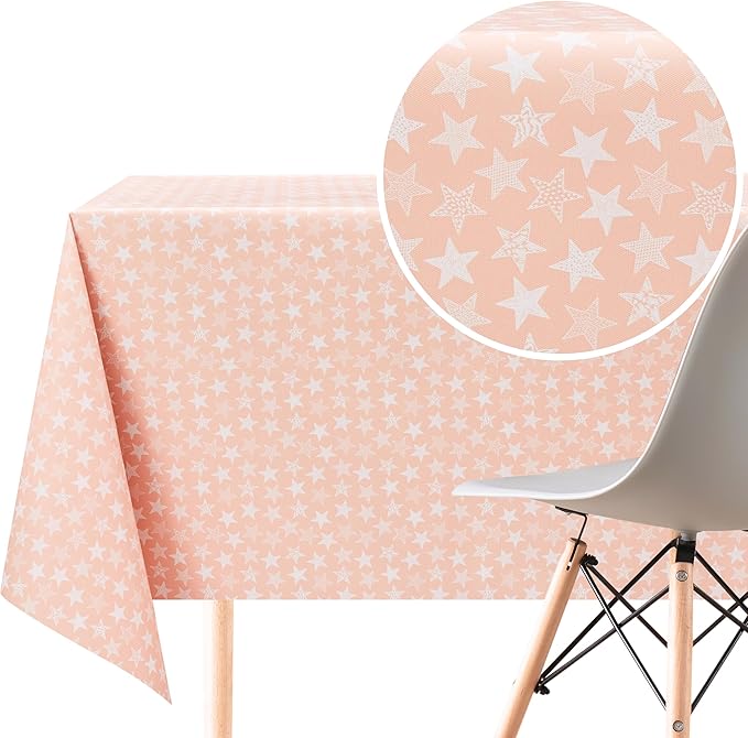 KP HOME Wipe Clean Tablecloth Rectangular - PVC Wipeable Pink Plastic Table Cloth for Outdoor - Waterproof Rectangle Kids Oilcloth 6 Seat Table Cover in Fun Stars Print
