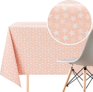 KP HOME Wipe Clean Tablecloth Rectangular - PVC Wipeable Pink Plastic Table Cloth for Outdoor - Waterproof Rectangle Kids Oilcloth 6 Seat Table Cover in Fun Stars Print