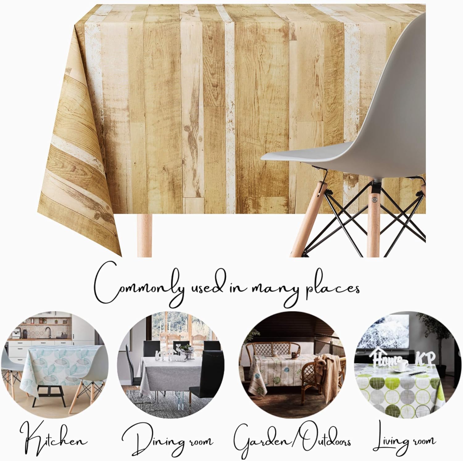 KP HOME PVC Wipe Clean Table Cloth Rectangular 250x140 cm / 98x55 In - Wipeable Tablecloth up to 8 Seats - Waterproof Vinyl Oilcloth with Wood Plank Effect, Shade of Rustic Beige to Golden Brown