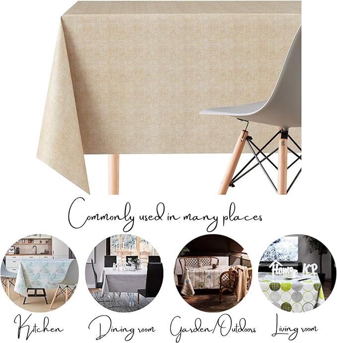 KP HOME Waterproof PVC Wipe Clean Table Cloth - Rectangular Tablecloth - Embossed One Tone Tablecloth Rectangular Wipeable - Outdoor Plastic Table Cover Wipe Down in Plain Beige