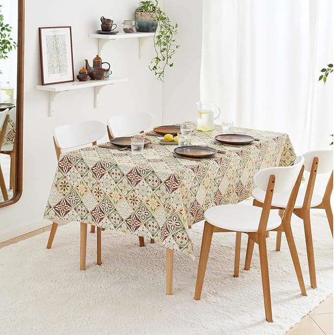 KP HOME Wipe Clean Tablecloth Rectangular - Wipeable Vinyl Oilcloth Tablecloth For Indoor and Outdoor Use - Waterproof Plastic PVC Table Cloth in Mediterranean Tile Design