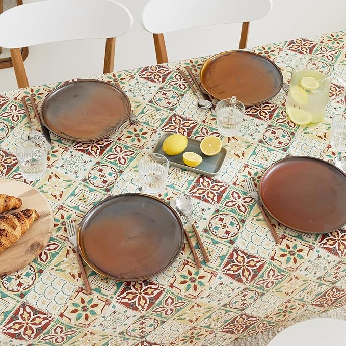 KP HOME Wipe Clean Tablecloth Rectangular - Wipeable Vinyl Oilcloth Tablecloth For Indoor and Outdoor Use - Waterproof Plastic PVC Table Cloth in Mediterranean Tile Design