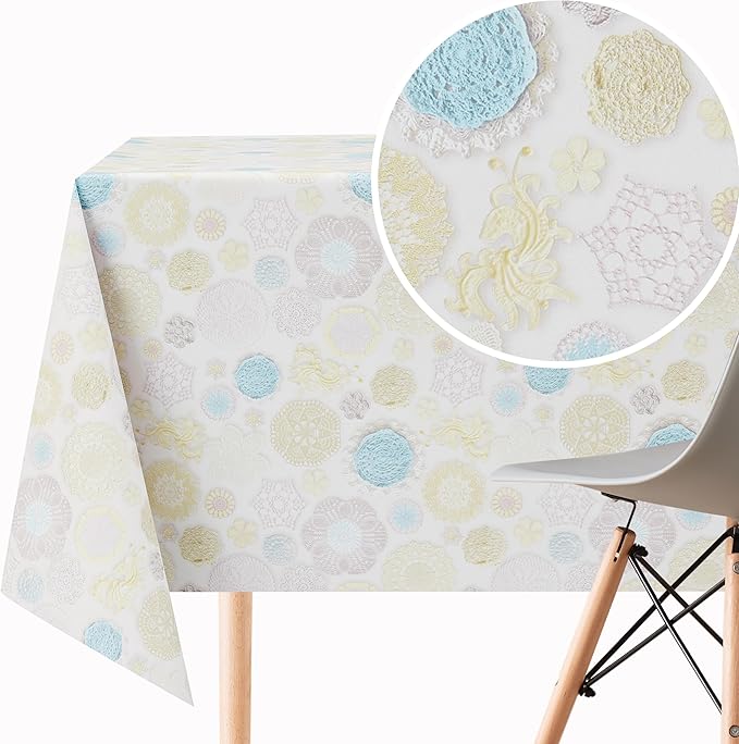 KP HOME Wipe Clean Tablecloth Rectangular Lace Blue Print - PVC Wipeable Plastic Table Cloth for Outdoor - Waterproof Rectangle Oilcloth 6 Seat Table Cover in Shabby Chic