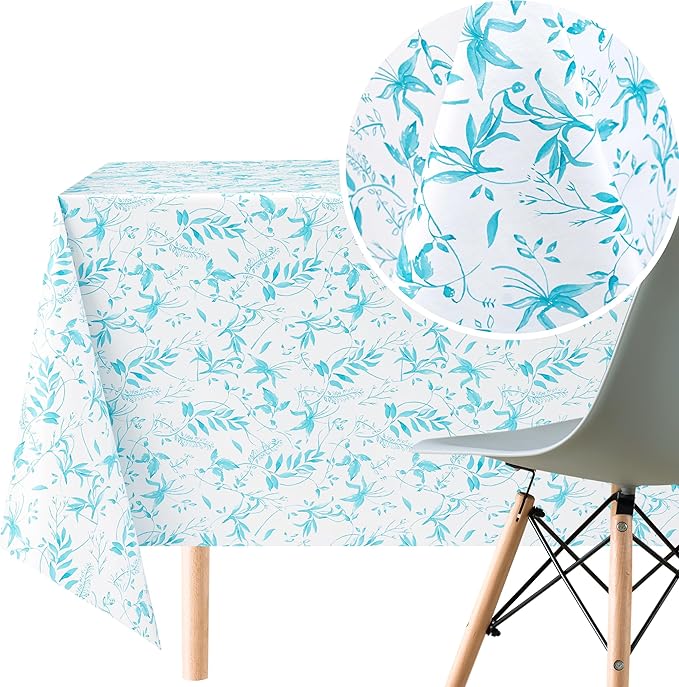 KP HOME Wipe Clean Tablecloth Rectangular Table- PVC Wipeable Plastic Table Cloth for Outdoor - Waterproof Rectangle Turquoise Oilcloth 6 Seat Table Cover in Teal Blue Leaf Pattern