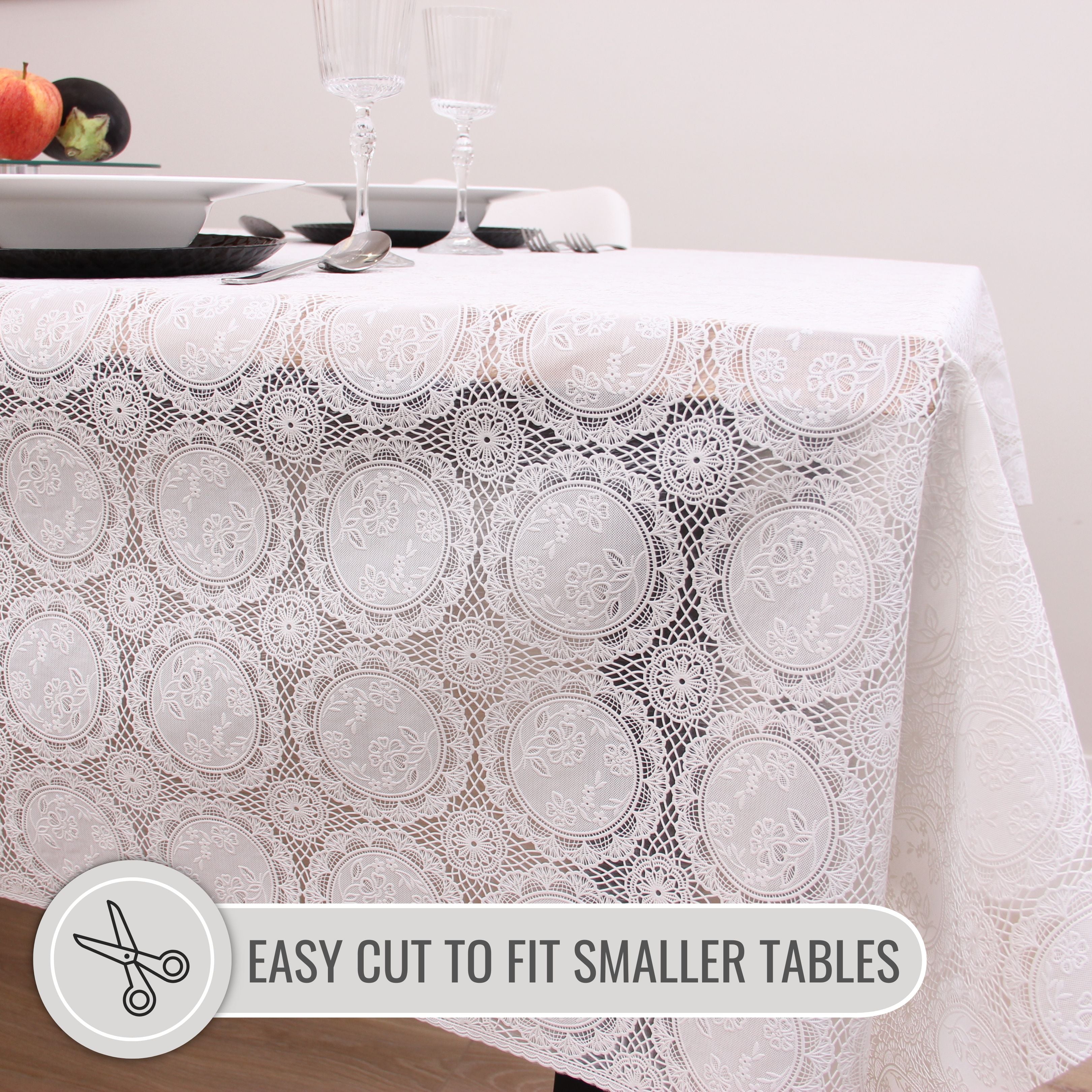 KP Home White Medallion Lace PVC Tablecloth – 200x137cm & 137x137cm Wipe Clean Waterproof Oilcloth for Indoor & Outdoor Use