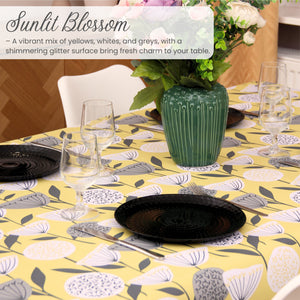 KP Home Yellow Sunlit Blossom Wipe Clean Tablecloth  PVC Tablecloth – 200x137cm & 137x137cm Wipe Clean Waterproof Oilcloth for Indoor & Outdoor Use