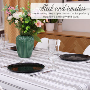KP Home Grey Sophisticated Stripes Pattern  PVC Tablecloth – 200x137cm & 137x137cm Wipe Clean Waterproof Oilcloth for Indoor & Outdoor Use