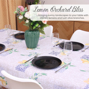 KP Home Beige Lemon Orchard Bliss Pattern  PVC Tablecloth – 200x137cm & 137x137cm Wipe Clean Waterproof Oilcloth for Indoor & Outdoor Use