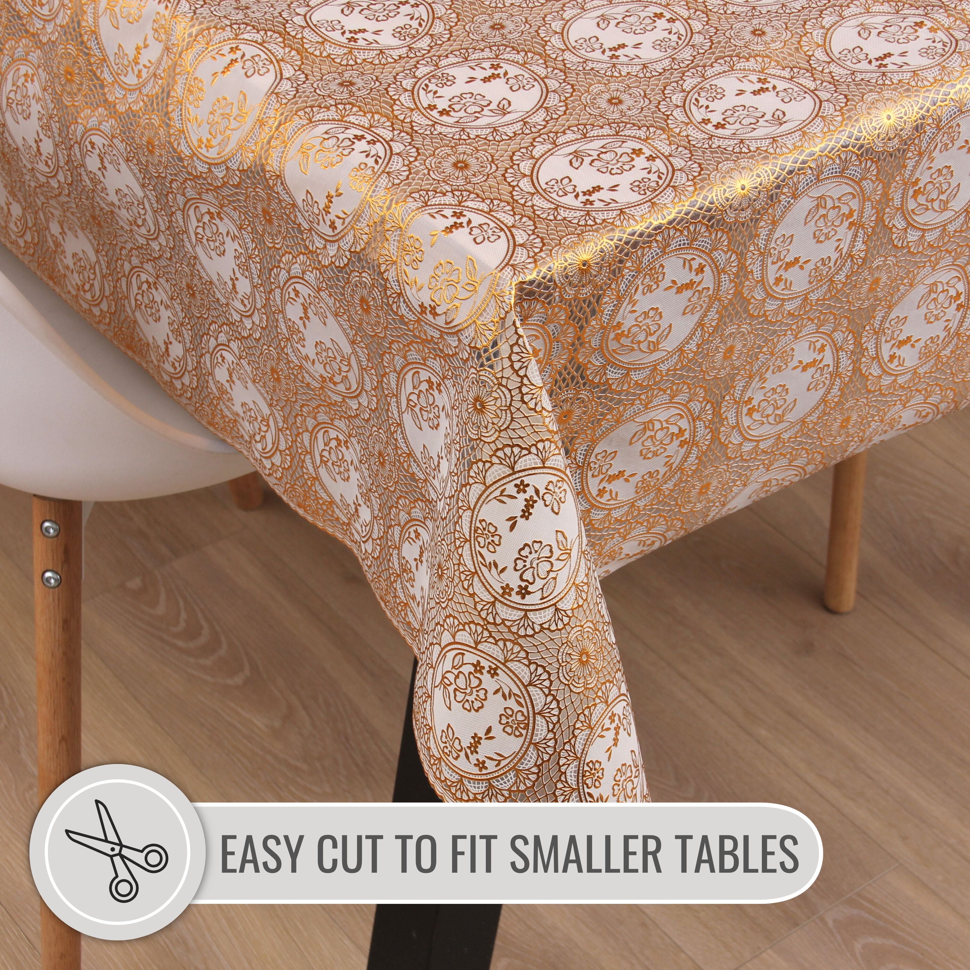 KP Home Golden Medallion Lace PVC Tablecloth – 200x137cm & 137x137cm Wipe Clean Waterproof Oilcloth for Indoor & Outdoor Use