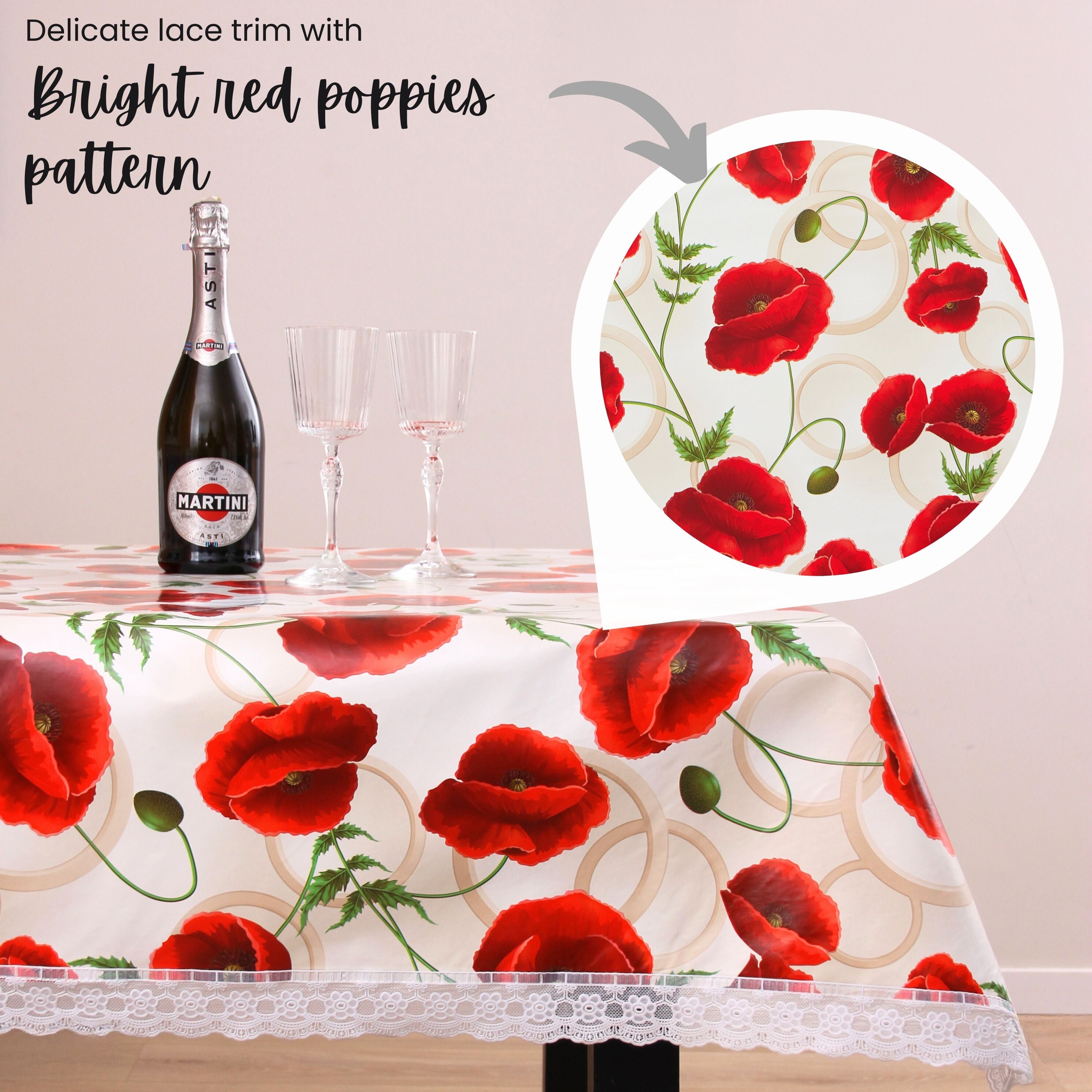 KP HOME Poppy Lace Bloom PVC Tablecloth – 200x140cm Wipe Clean Waterproof Oilcloth for Indoor & Outdoor Use