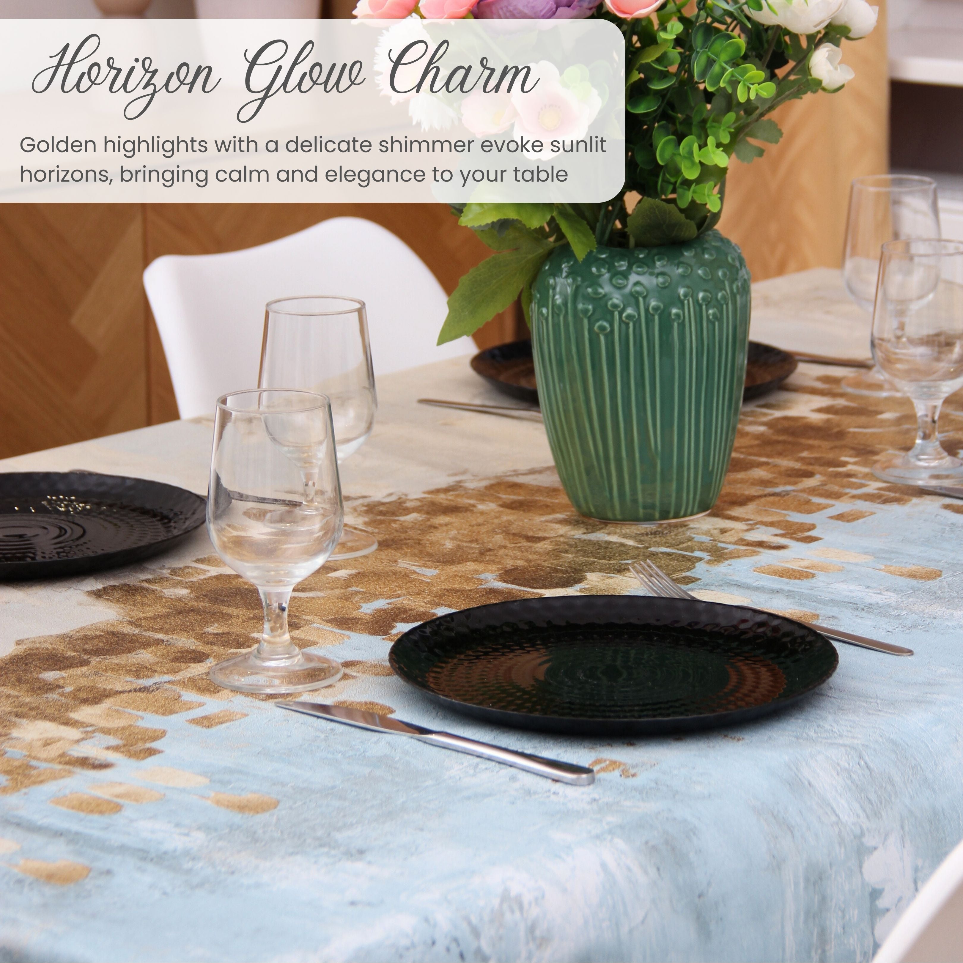 KP Home Horizon Glow Charm with Gold Shimmer PVC Tablecloth – 200x137cm & 137x137cm Wipe Clean Waterproof Oilcloth for Indoor & Outdoor Use