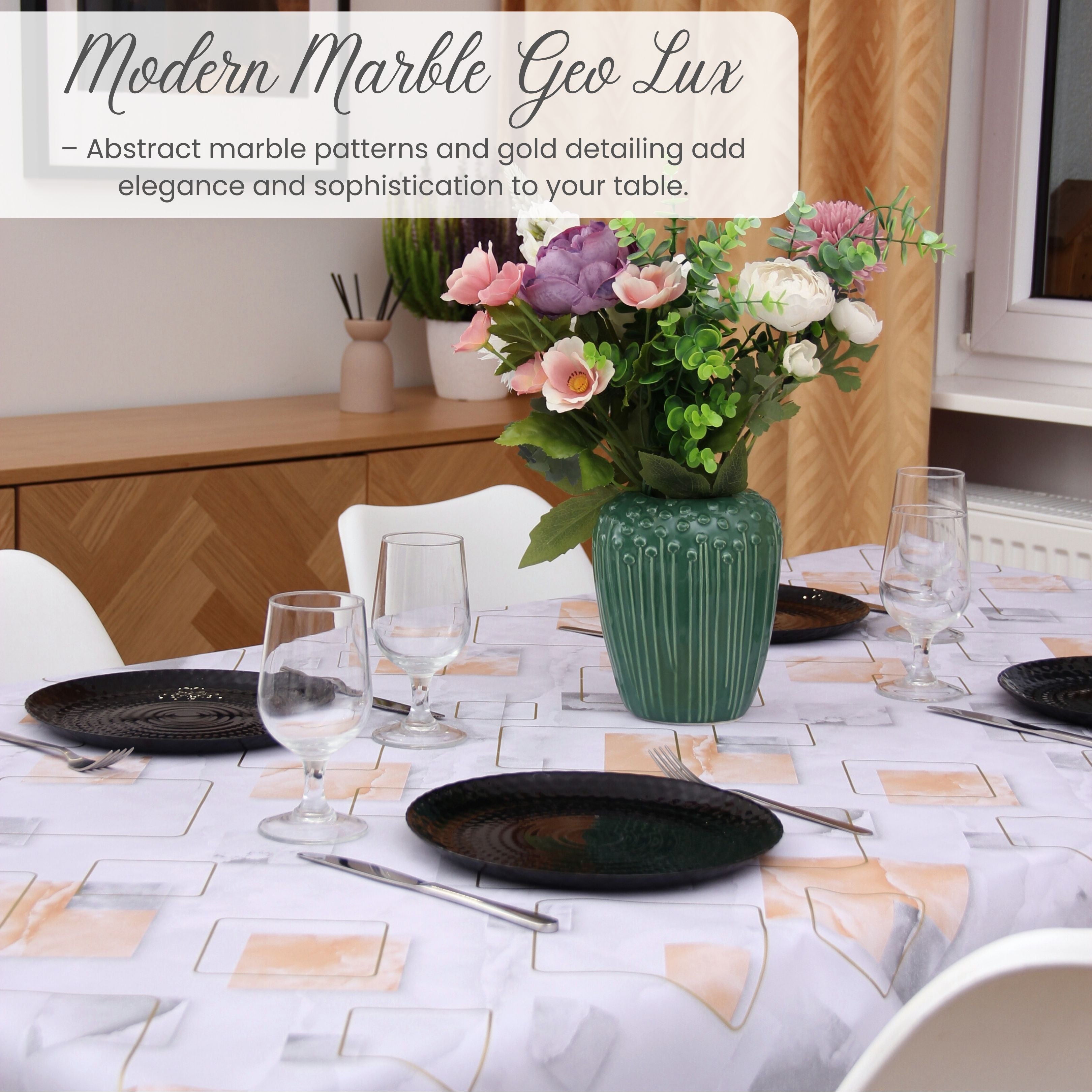 KP Home Marble Geo Lux Pattern PVC Tablecloth – 200x137cm & 137x137cm Wipe Clean Waterproof Oilcloth for Indoor & Outdoor Use