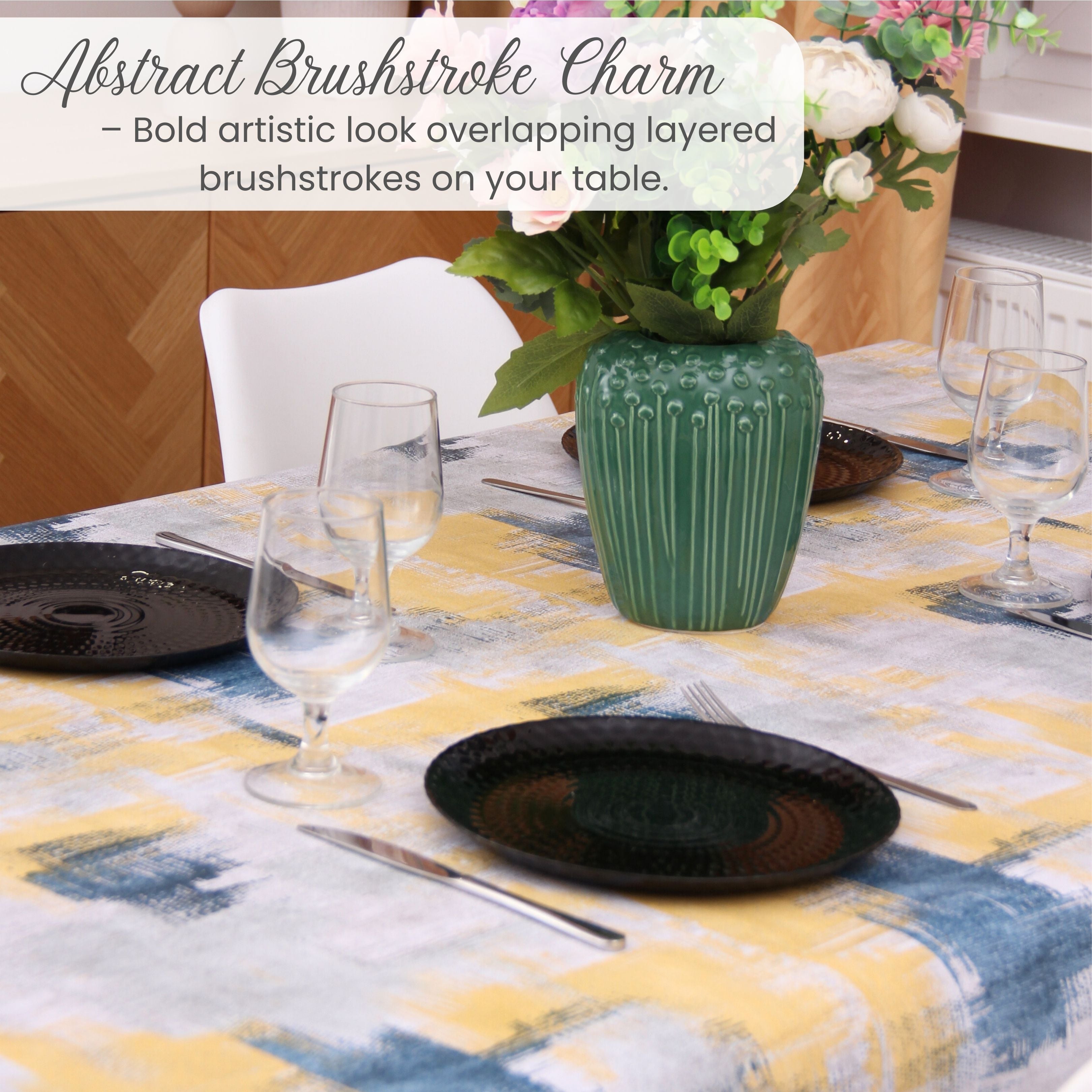 KP Home Yellow Abstract Brushstroke Charm Pattern  PVC Tablecloth – 200x137cm & 137x137cm Wipe Clean Waterproof Oilcloth for Indoor & Outdoor Use