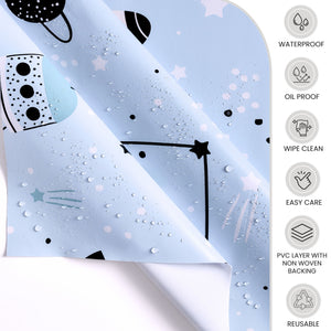 KP Home Blue Rocket Galaxy Adventure Pattern  PVC Tablecloth – 200x137cm & 137x137cm Wipe Clean Waterproof Oilcloth for Indoor & Outdoor Use