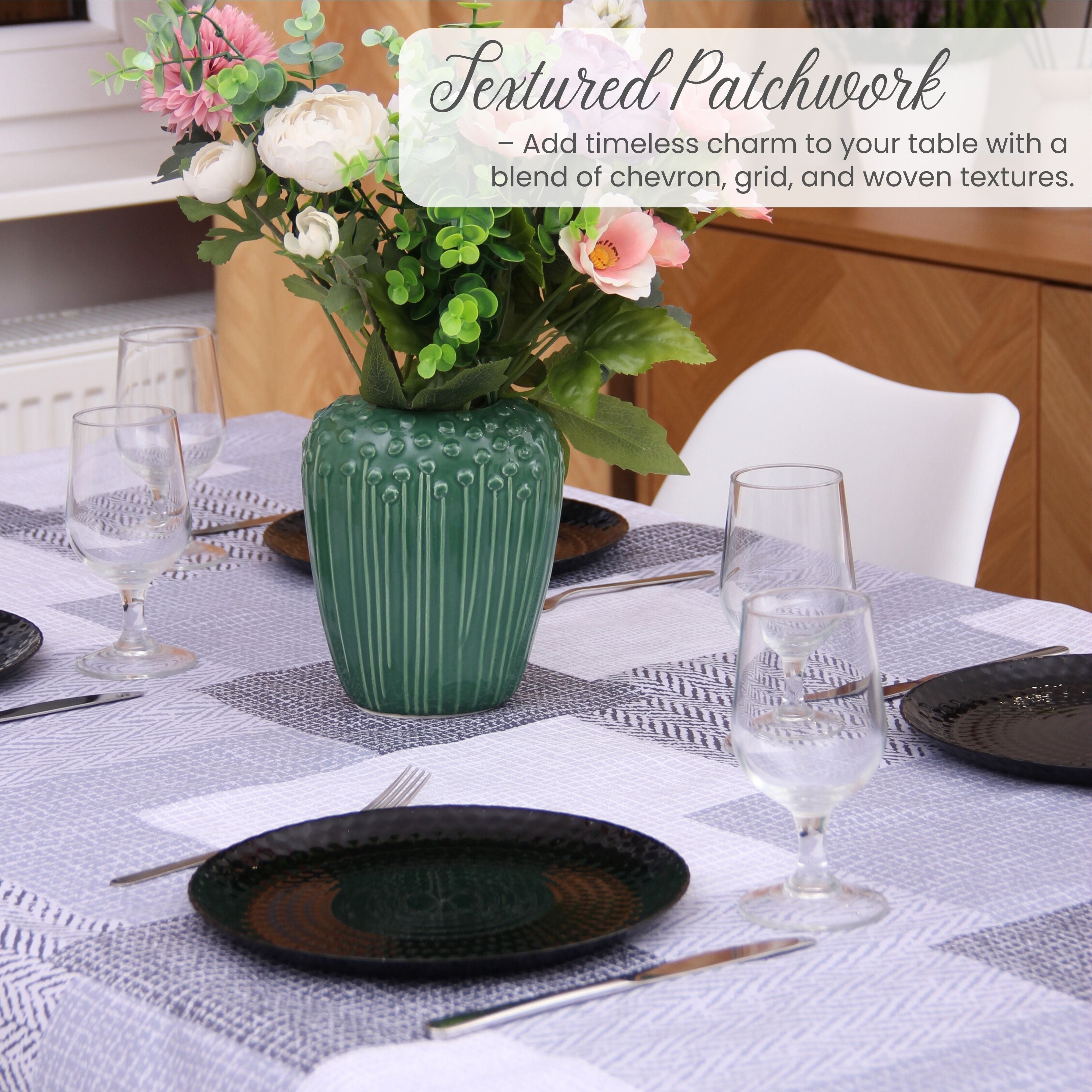KP Home Grey Textured Patchwork Pattern  PVC Tablecloth – 200x137cm & 137x137cm Wipe Clean Waterproof Oilcloth for Indoor & Outdoor Use