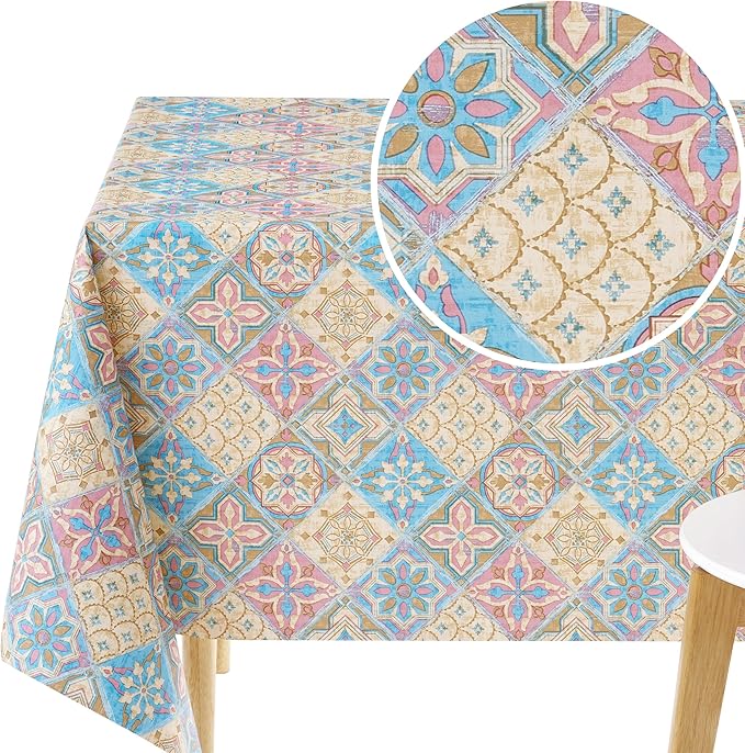 KP HOME Waterproof PVC Table Cloth - Rectangular Tablecloth - Portuguese Azulejo Lisbon Tiles Vinyl Tablecloth Rectangle - Dinning Plastic Table Cover Wipe Clean in Bright and Colourful