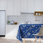KP HOME Wipe Clean Tablecloth Rectangular Table- PVC Wipeable Plastic Table Cloth for Outdoor - Waterproof Rectangle Navy Blue Oilcloth 6 Seat Table Cover in Silver Geo Print