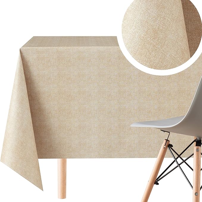 KP HOME Waterproof PVC Wipe Clean Table Cloth - Rectangular Tablecloth - Embossed One Tone Tablecloth Rectangular Wipeable - Outdoor Plastic Table Cover Wipe Down in Plain Beige