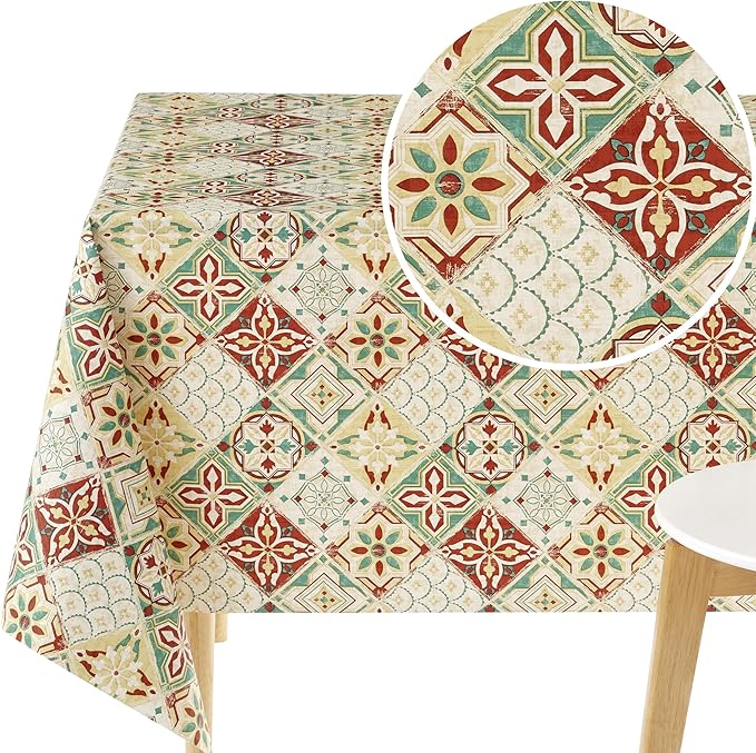 KP HOME Wipe Clean Tablecloth Rectangular - Wipeable Vinyl Oilcloth Tablecloth For Indoor and Outdoor Use - Waterproof Plastic PVC Table Cloth in Mediterranean Tile Design