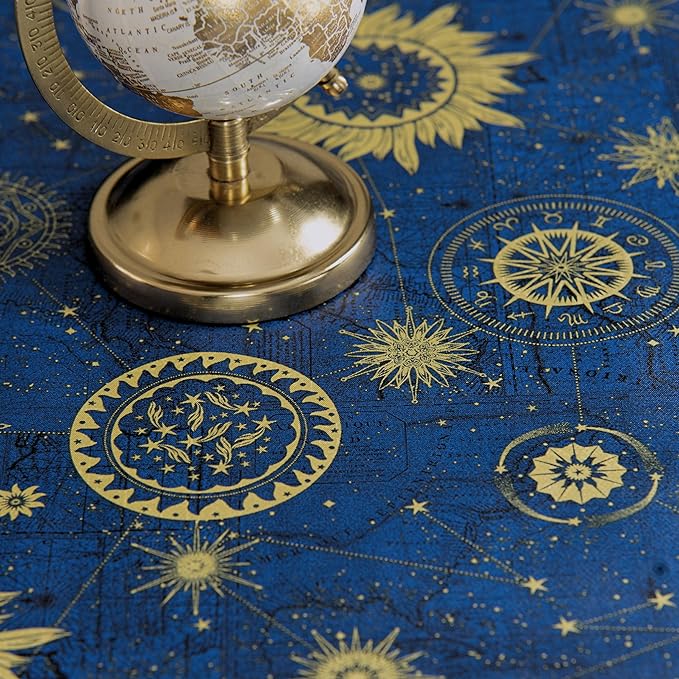 KP HOME Wipe Clean Tablecloth Rectangular 118x55 In (300x140cm) - PVC Wipeable Plastic Table Cloth for Outdoor - Waterproof Rectangle Navy Blue Oilcloth 10 Seat Table Cover in Gold Astro Print