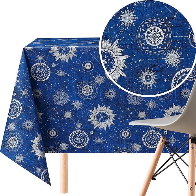 KP HOME Wipe Clean Tablecloth Rectangular Table- PVC Wipeable Plastic Table Cloth for Outdoor - Waterproof Rectangle Navy Blue Oilcloth 6 Seat Table Cover in Silver Geo Print