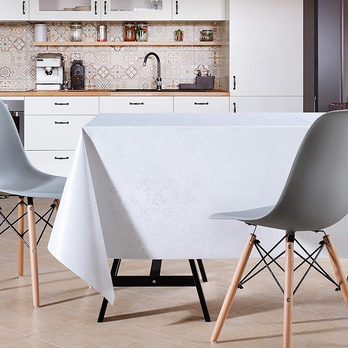 KP HOME Waterproof PVC Wipe Clean Tablecloth - Rectangular Oilcloth - Embossed Elegant Oil Cloth Table Cloth - Plastic Kitchen Wipeable Table Cover in Plain White