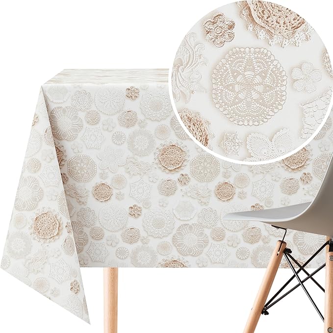 KP HOME Wipe Clean Tablecloth Rectangular in Lace Print - PVC Wipeable Plastic Table Cloth for Outdoor - Waterproof Rectangle Beige Oilcloth 8 Seat Dining Table Cover
