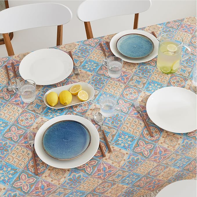 KP HOME Waterproof PVC Table Cloth - Rectangular Tablecloth - Portuguese Azulejo Lisbon Tiles Vinyl Tablecloth Rectangle - Dinning Plastic Table Cover Wipe Clean in Bright and Colourful