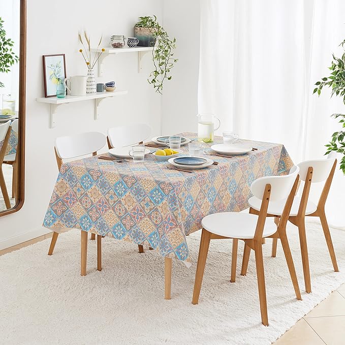 KP HOME Waterproof PVC Table Cloth - Rectangular Tablecloth - Portuguese Azulejo Lisbon Tiles Vinyl Tablecloth Rectangle - Dinning Plastic Table Cover Wipe Clean in Bright and Colourful