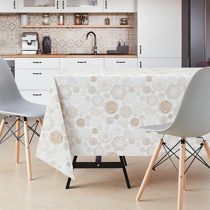 KP HOME Wipe Clean Tablecloth Rectangular in Lace Print - PVC Wipeable Plastic Table Cloth for Outdoor - Waterproof Rectangle Beige Oilcloth 8 Seat Dining Table Cover