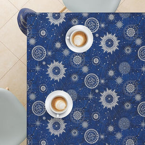 KP HOME Wipe Clean Tablecloth Rectangular Table- PVC Wipeable Plastic Table Cloth for Outdoor - Waterproof Rectangle Navy Blue Oilcloth 6 Seat Table Cover in Silver Geo Print