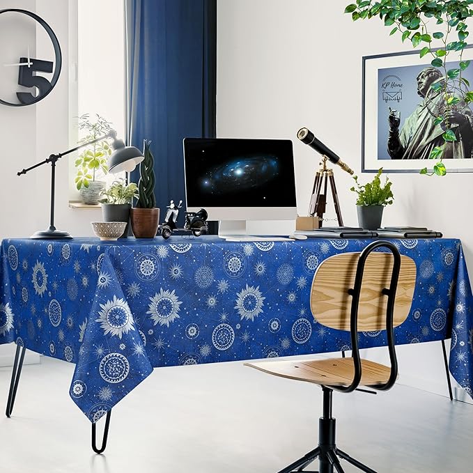 KP HOME Wipe Clean Tablecloth Rectangular Table- PVC Wipeable Plastic Table Cloth for Outdoor - Waterproof Rectangle Navy Blue Oilcloth 6 Seat Table Cover in Silver Geo Print