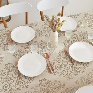 KP HOME Beige Floral Wipeable PVC Tablecloth – Damask Baroque Plastic Tablecloth - Vinyl Dinning or Kitchen Wipeable Table Cover in Cream Beige