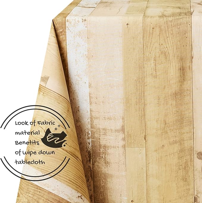 KP HOME PVC Wipe Clean Table Cloth Rectangular 250x140 cm / 98x55 In - Wipeable Tablecloth up to 8 Seats - Waterproof Vinyl Oilcloth with Wood Plank Effect, Shade of Rustic Beige to Golden Brown