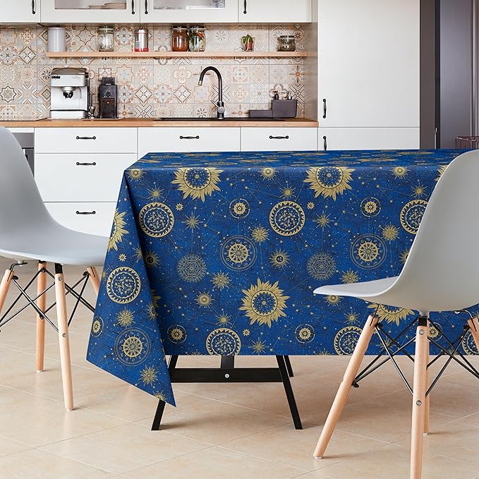 KP HOME Wipe Clean Tablecloth Rectangular 118x55 In (300x140cm) - PVC Wipeable Plastic Table Cloth for Outdoor - Waterproof Rectangle Navy Blue Oilcloth 10 Seat Table Cover in Gold Astro Print