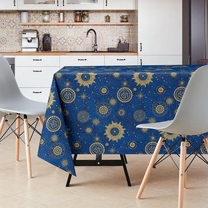 KP HOME Wipe Clean Tablecloth Rectangular 118x55 In (300x140cm) - PVC Wipeable Plastic Table Cloth for Outdoor - Waterproof Rectangle Navy Blue Oilcloth 10 Seat Table Cover in Gold Astro Print