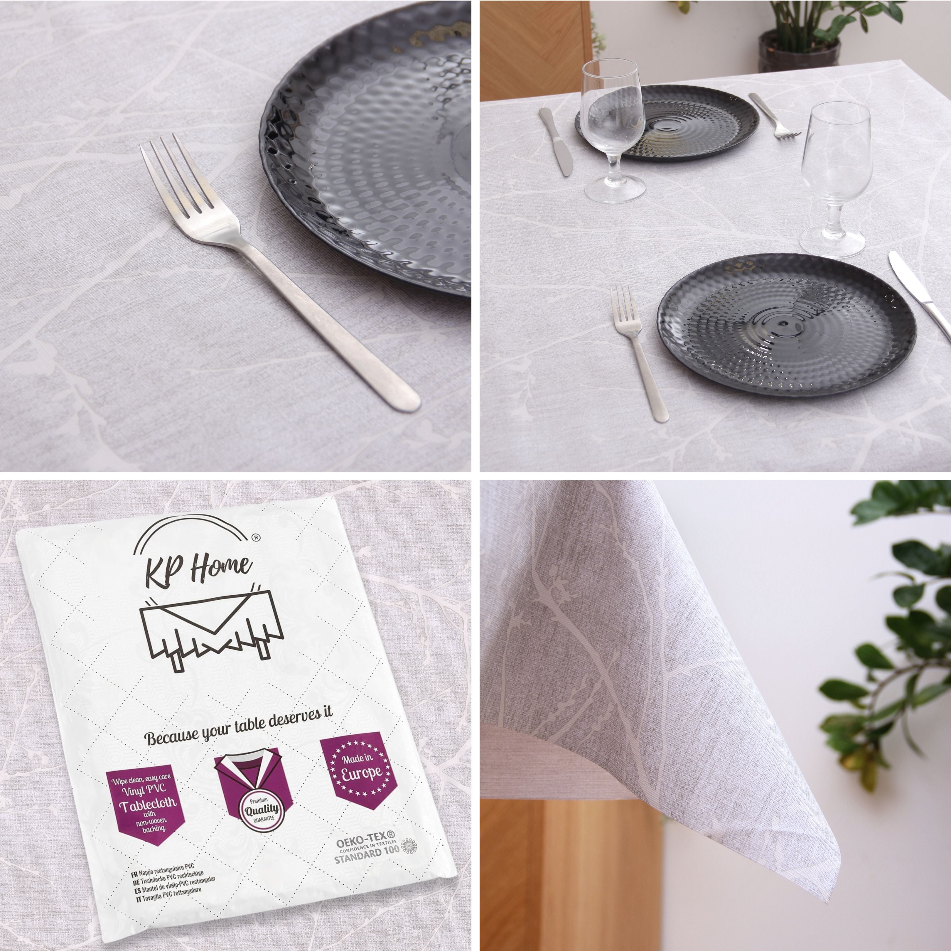 KP Home Grey Serene Tree Branches Pattern  PVC Tablecloth – 200x137cm & 137x137cm Wipe Clean Waterproof Oilcloth for Indoor & Outdoor Use