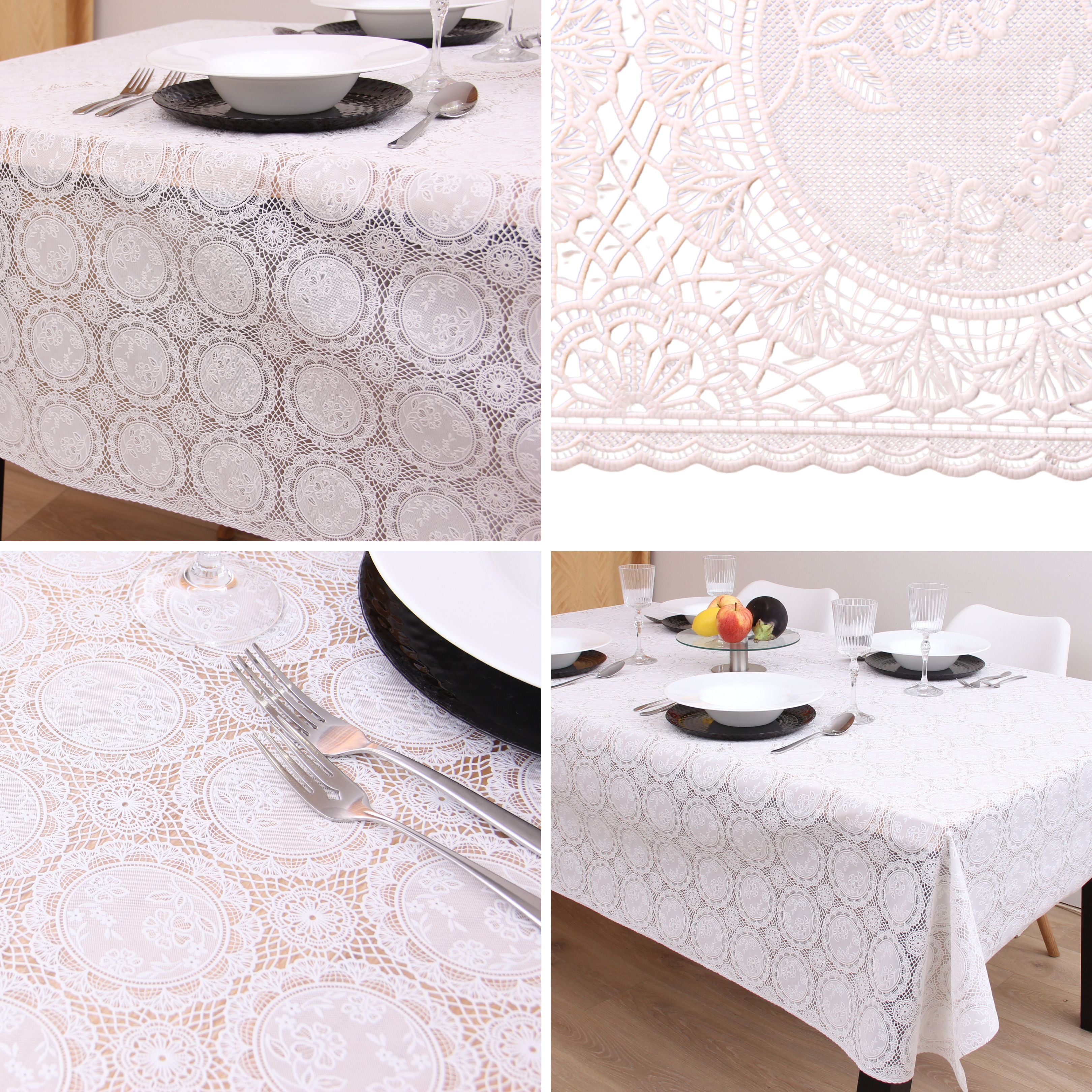 KP Home White Medallion Lace PVC Tablecloth – 200x137cm & 137x137cm Wipe Clean Waterproof Oilcloth for Indoor & Outdoor Use