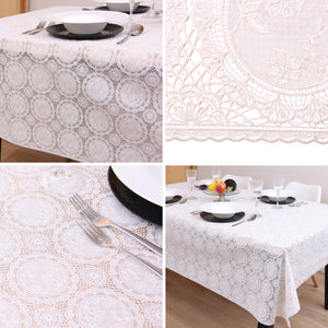 KP Home White Medallion Lace PVC Tablecloth – 200x137cm & 137x137cm Wipe Clean Waterproof Oilcloth for Indoor & Outdoor Use