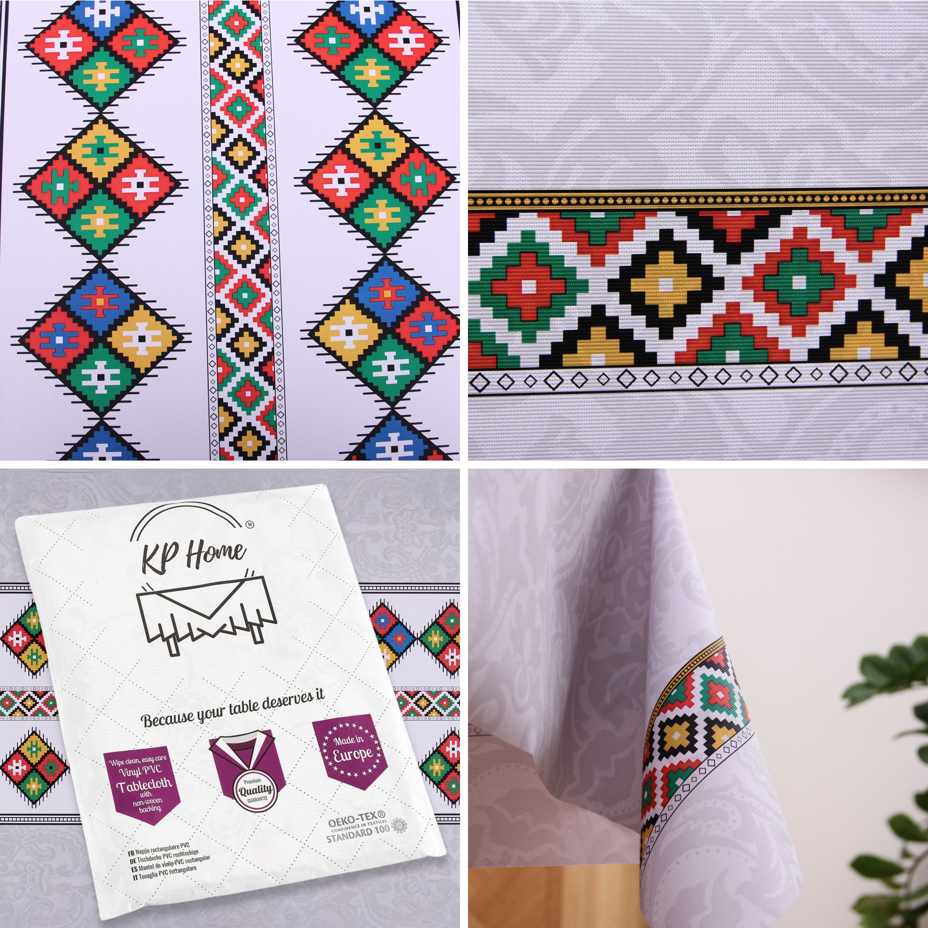 KP Home Grey Folk Art Elegance Pattern  PVC Tablecloth – 200x137cm & 137x137cm Wipe Clean Waterproof Oilcloth for Indoor & Outdoor Use