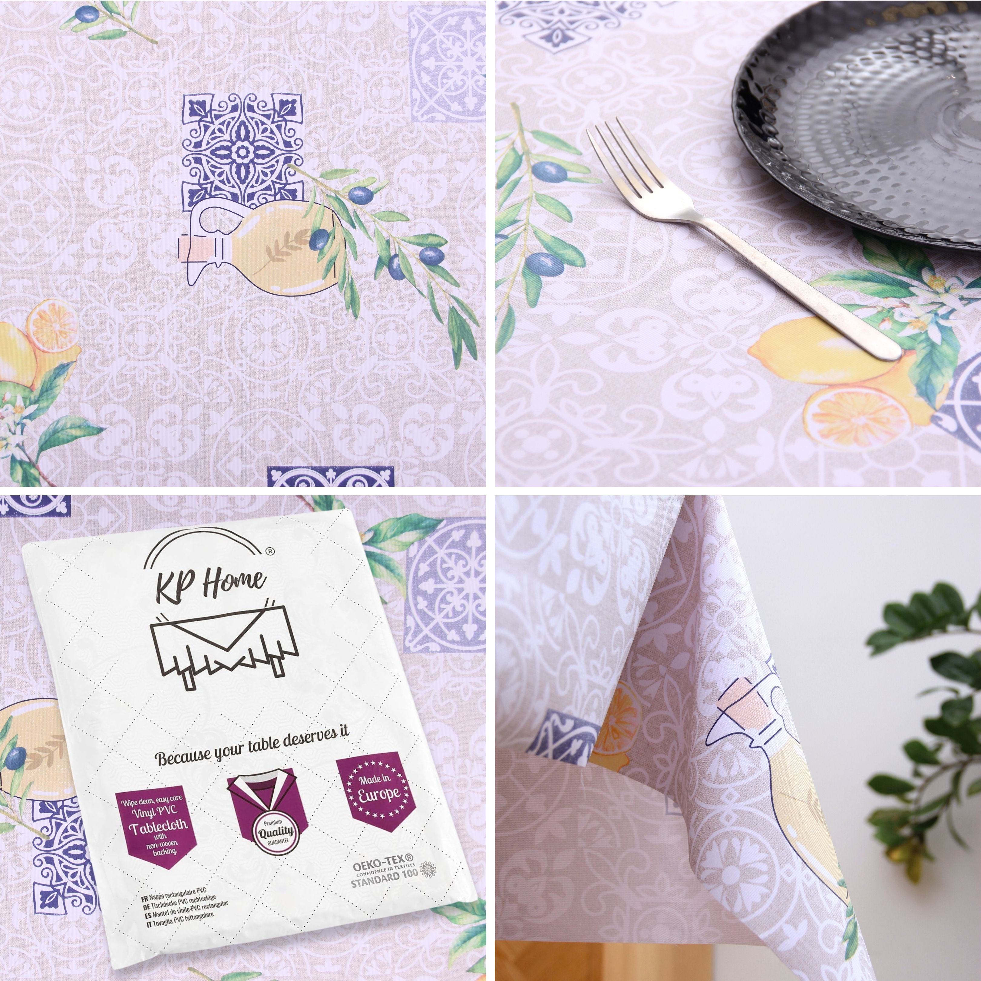 KP Home Beige Lemon Orchard Bliss Pattern  PVC Tablecloth – 200x137cm & 137x137cm Wipe Clean Waterproof Oilcloth for Indoor & Outdoor Use