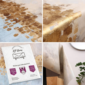 KP Home Horizon Glow Charm with Gold Shimmer PVC Tablecloth – 200x137cm & 137x137cm Wipe Clean Waterproof Oilcloth for Indoor & Outdoor Use