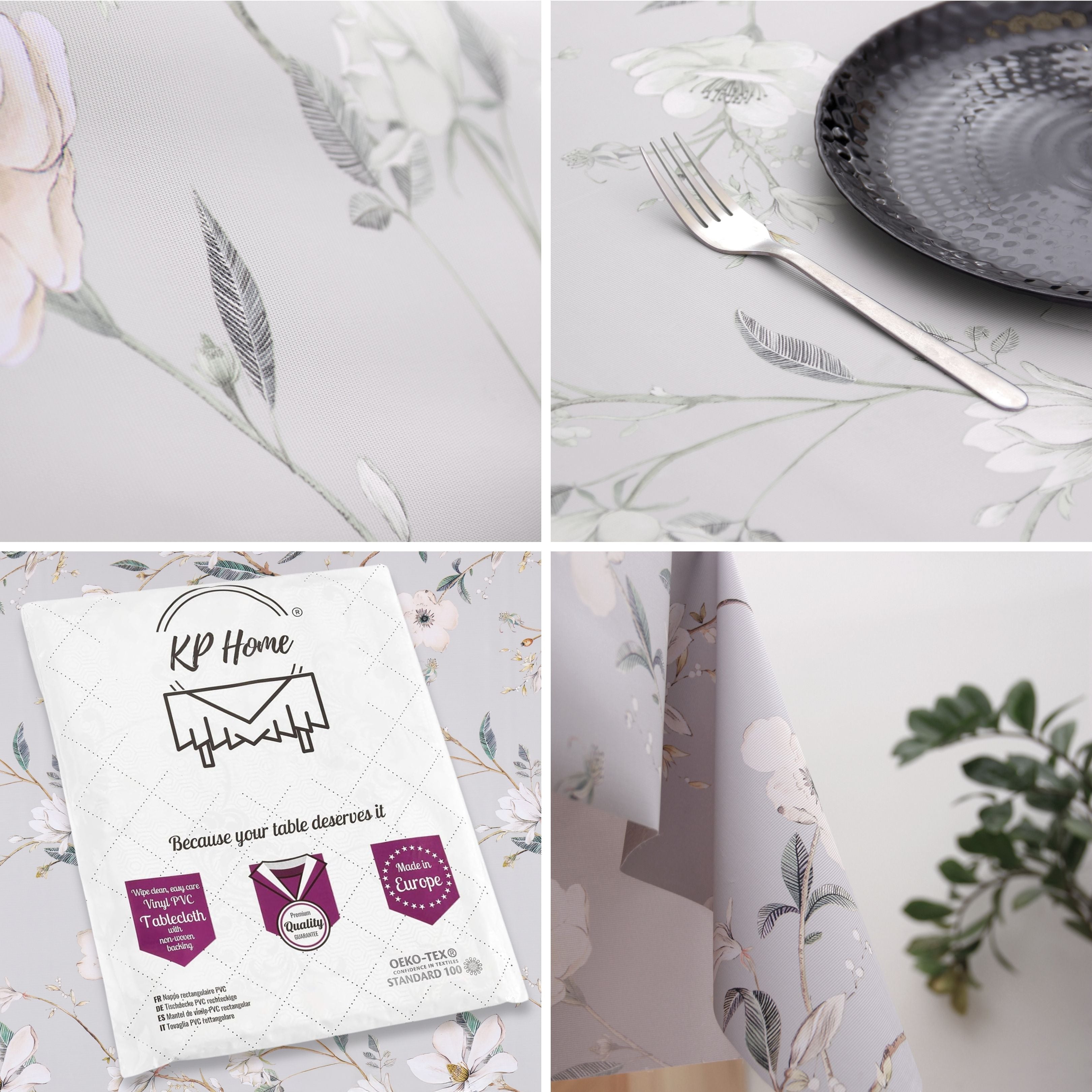 KP Home Petals of Calm Pattern PVC Tablecloth – 200x137cm & 137x137cm Wipe Clean Waterproof Oilcloth for Indoor & Outdoor Use