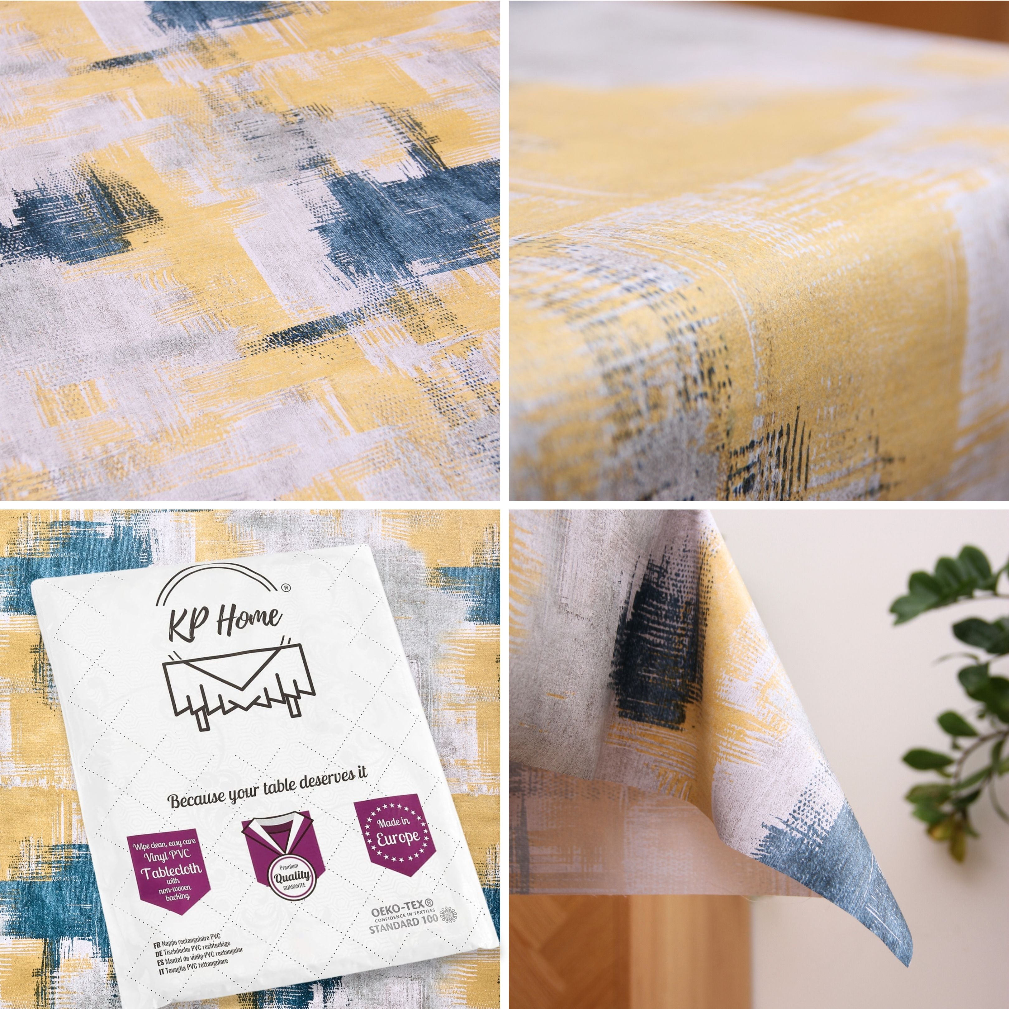 KP Home Yellow Abstract Brushstroke Charm Pattern  PVC Tablecloth – 200x137cm & 137x137cm Wipe Clean Waterproof Oilcloth for Indoor & Outdoor Use