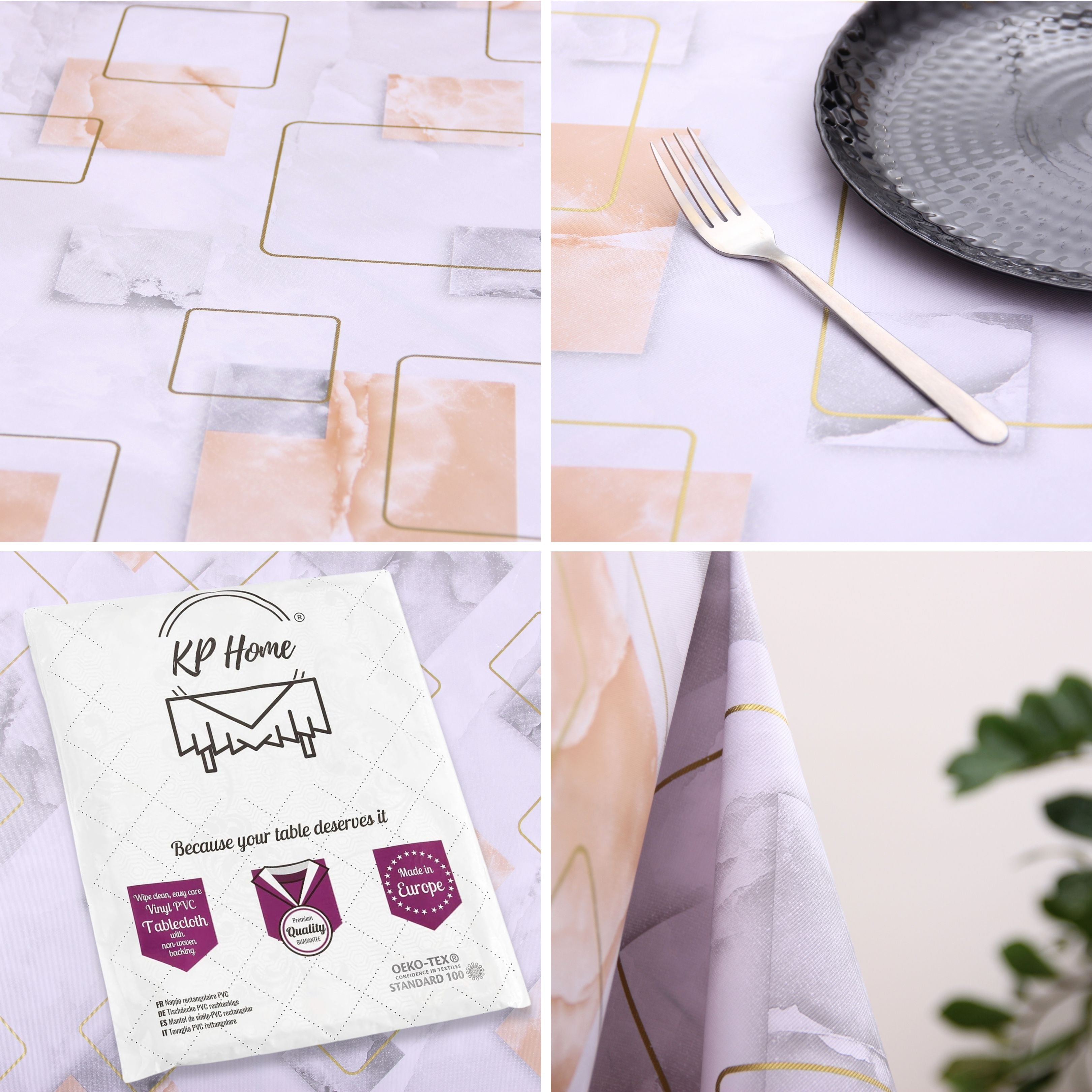 KP Home Marble Geo Lux Pattern PVC Tablecloth – 200x137cm & 137x137cm Wipe Clean Waterproof Oilcloth for Indoor & Outdoor Use