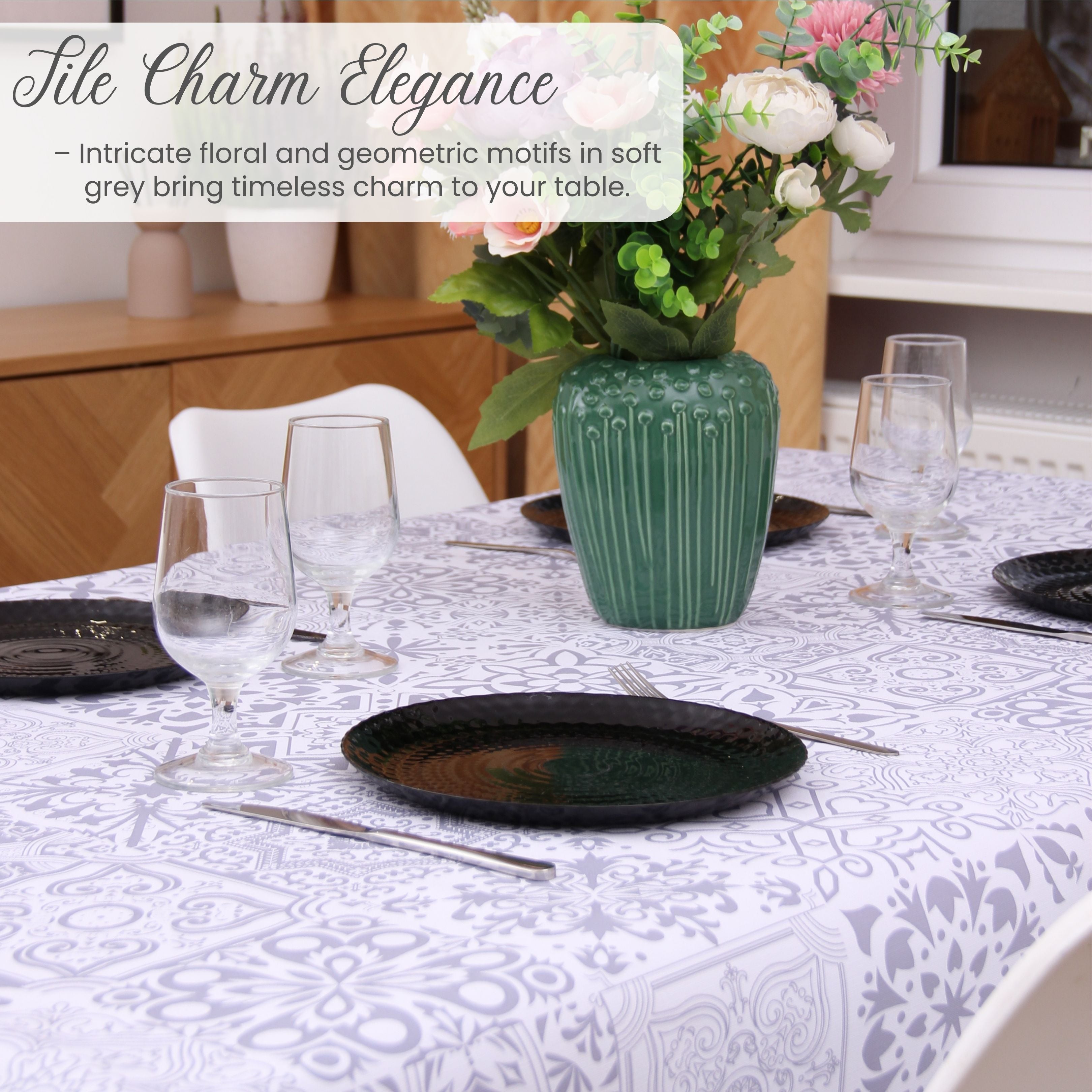 KP Home Grey Timeless Tile Charm Pattern PVC Tablecloth – 200x137cm & 137x137cm Wipe Clean Waterproof Oilcloth for Indoor & Outdoor Use