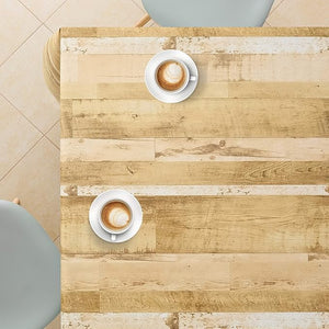 KP HOME PVC Wipe Clean Table Cloth Rectangular 250x140 cm / 98x55 In - Wipeable Tablecloth up to 8 Seats - Waterproof Vinyl Oilcloth with Wood Plank Effect, Shade of Rustic Beige to Golden Brown