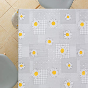KP HOME Wipe Clean Tablecloth Rectangular Table- Wipeable Tablecloth up to 6 Seats Waterproof Plastic Cover Kitchen Vinyl Oilcloth Grey Daisy Chamomile Flower Patchwork Design