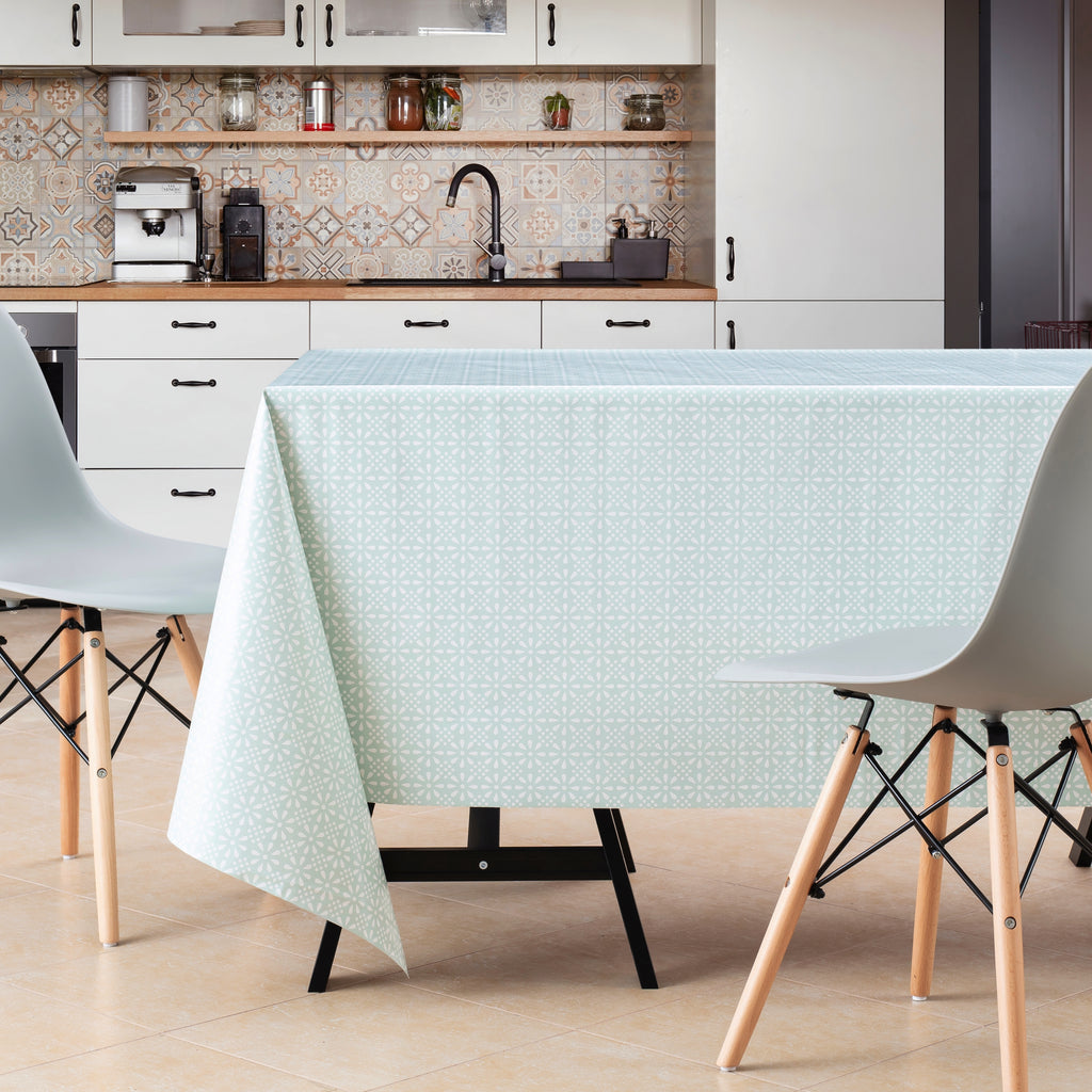 KP HOME Wipe Clean Tablecloth Turquoise Duck Egg PVC Table Cover - Rectangle Table - Easy Wipeable Vinyl Plastic Table Cloth With Retro Mint Floral Print