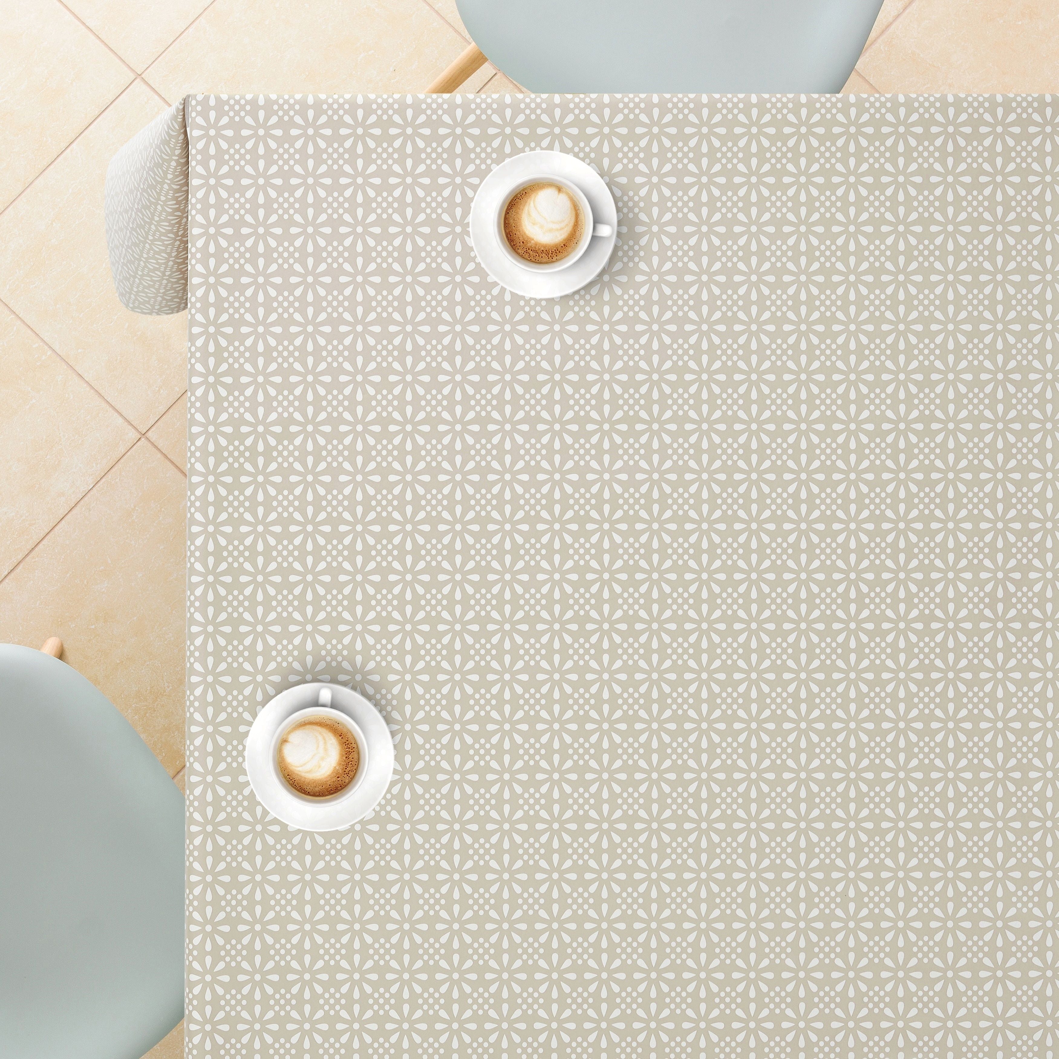 KP HOME Beige Floral Wipeable PVC Tablecloth – Rectangular Waterproof Oilcloth with White Retro Pattern – Vinyl Plastic Kitchen Table Cover